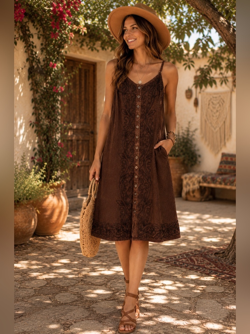 Jackpot Brown Embroidered Rayon Midi Dress Boho Festival Cottagecore M